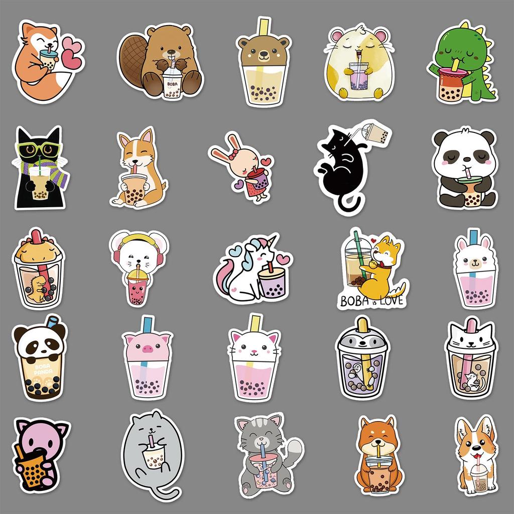 "50 Cute Cartoon Pet Milk Tea Graffiti Stickers for DIY Handbooks, Skateboards, and Suitcases."