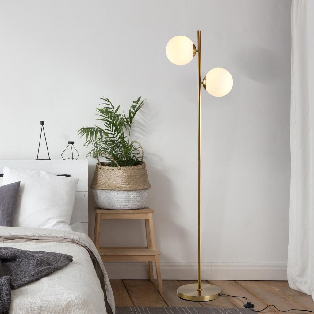 Living Room Floor Lamp with 2-Piece Glass Lampshade, Floor Lamp Standing Lamp with 2 E27 Sockets for Living Room Bedroom, Excl. Light Bulb