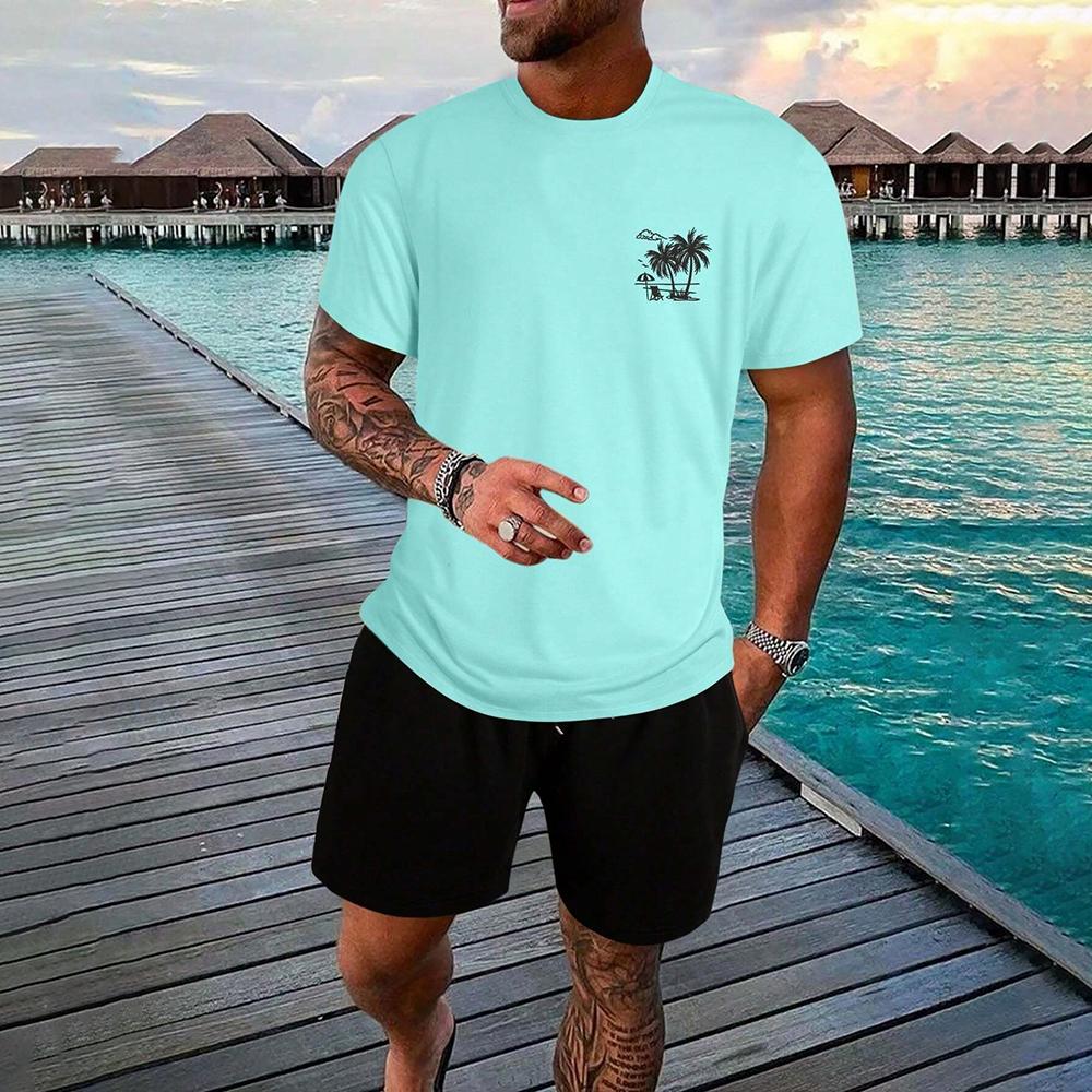 Vyriškas vasarinis 3D raidžių ir gėlių rašto marškinėlių ir šortų su raišteliu rinkinys, sportinė apranga