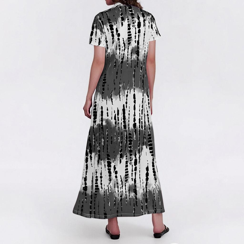Vestido Feminino Estampado da Moda com Decote em V e Manga Curta Solto