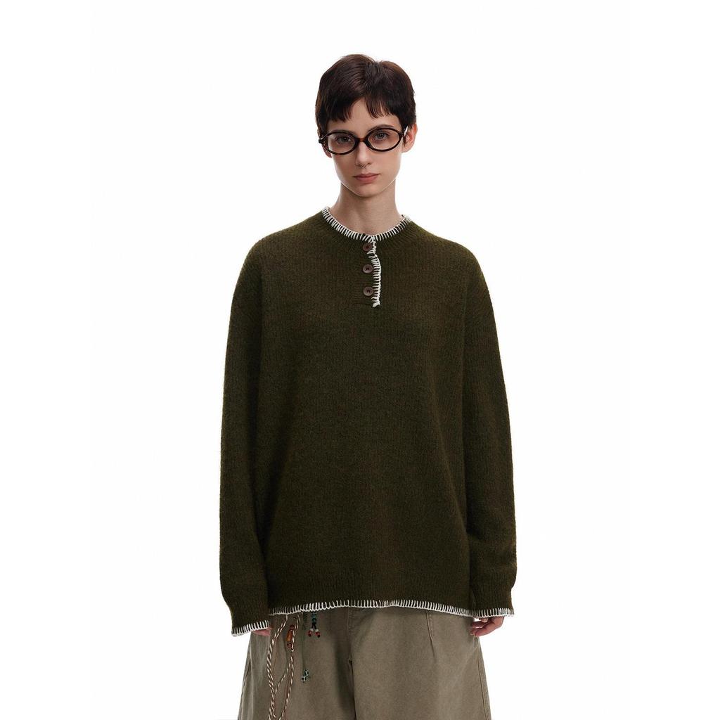 Unisex Retro Henley Neck Knit Sweater - Casual Autumn Pullover