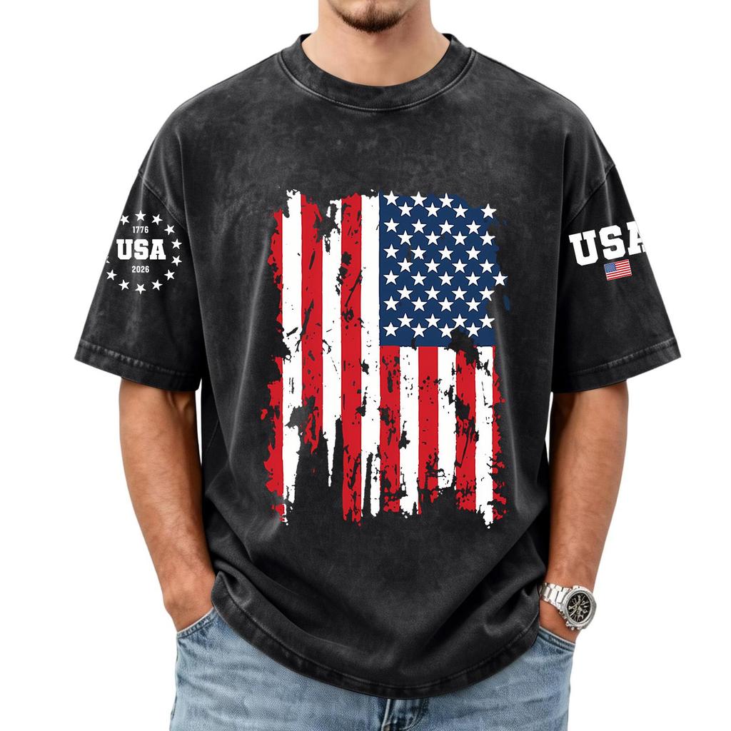 Men's Loose And Casual Flag-print T-shirt, Short Sleeve Shirt