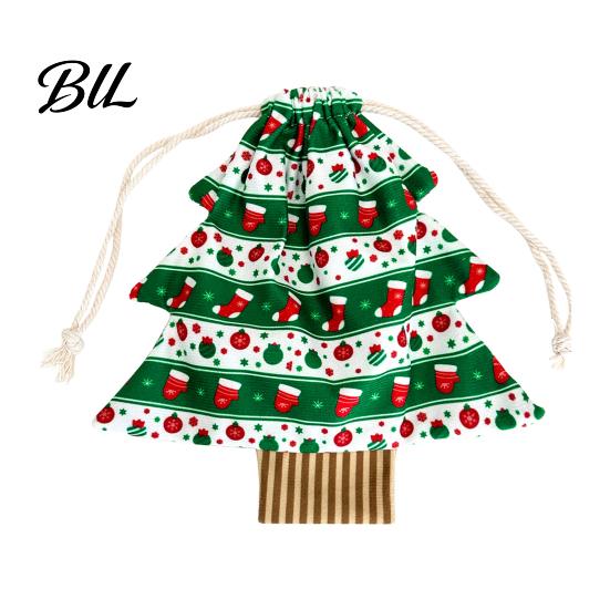 Printed Holiday Gift Bags Christmas Tree Shaped with Drawstring, Reusable Fabric Bags, Winter Goodie Storage Pouches for Present Wrapping, Party