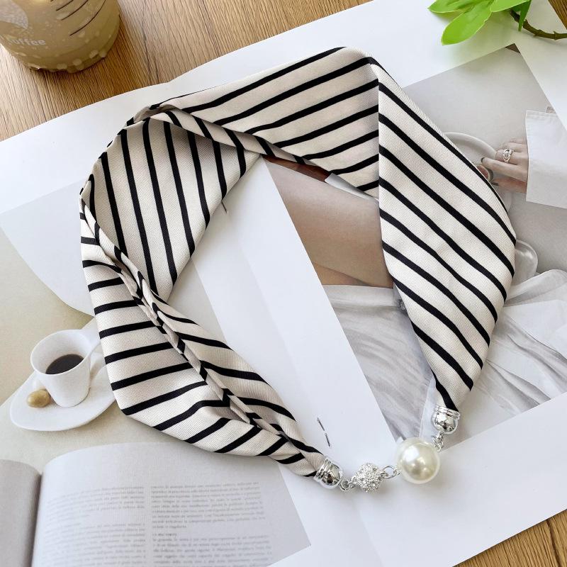 > New Magnetic Pearl Silk Scarf Necklace: Versatile High-End Neckerchief & Wrist Scarf