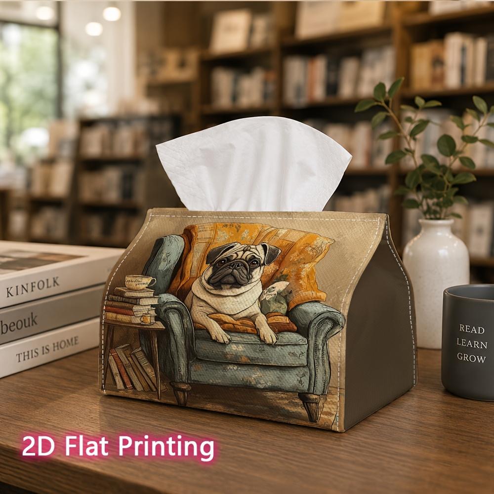 1pc, 2d Flat Printing, Tissue Box A Bulldog Sitting on a Chair with a Book Pattern Napkin Dispenser, Suitable for Family Gatherings, Car Decorationr,