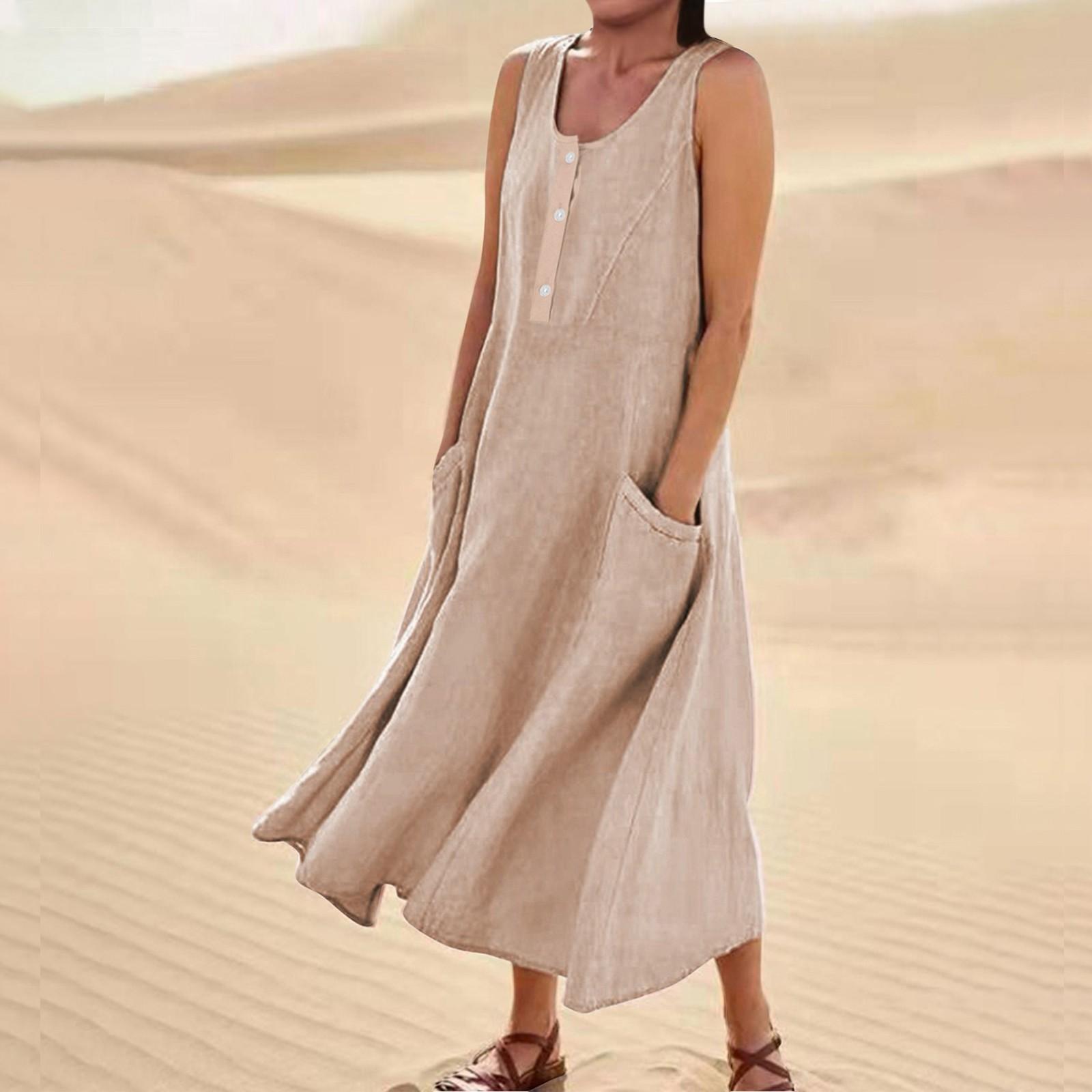 Женское модное повседневное однотонное платье без рукавов из хлопка и льна с карманами — фото 9