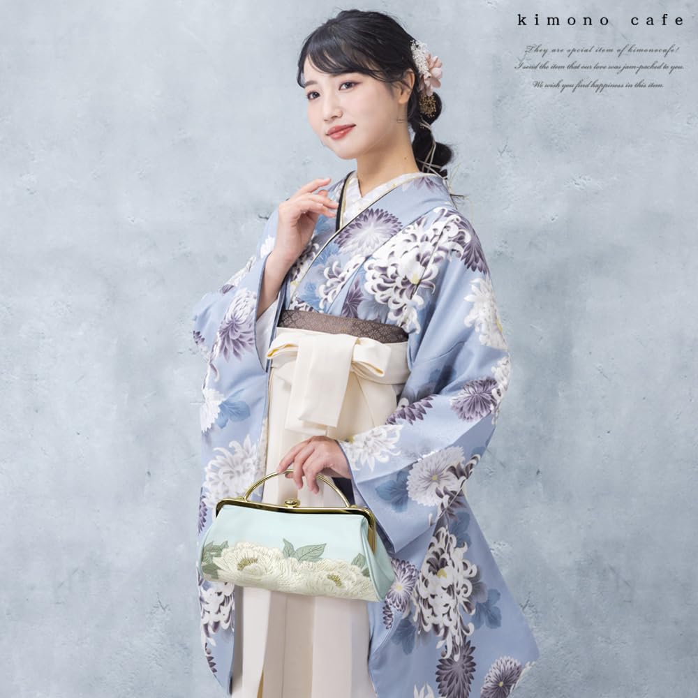 [kimono cafe] Furisode Clutch Bag with Peony Embroidery, White and Blue, Clasp Closure, Elegant, Hakama, Graduation, Wedding, Kimono 6030006297993