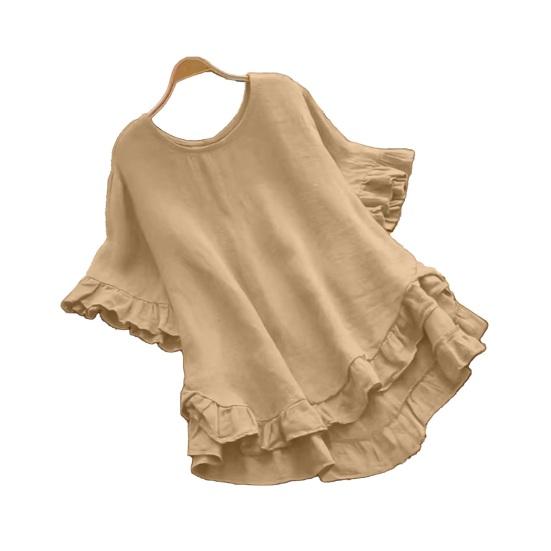 Women Tops Round Neck Short Sleeve Loose Fit Pullover Tops Pure Color Ruffle Hem