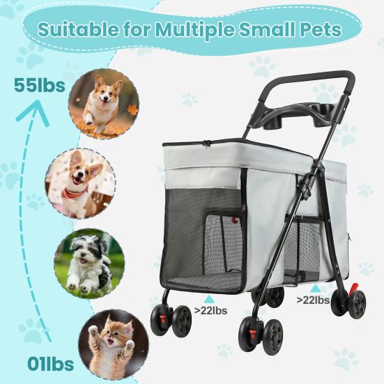 Dog Stroller with 360-degree Wheels, Foldable Pet Cart, 5 Ventilation Windows & Removable Tray, Outdoor Travel Dog Cart for Small/Medium