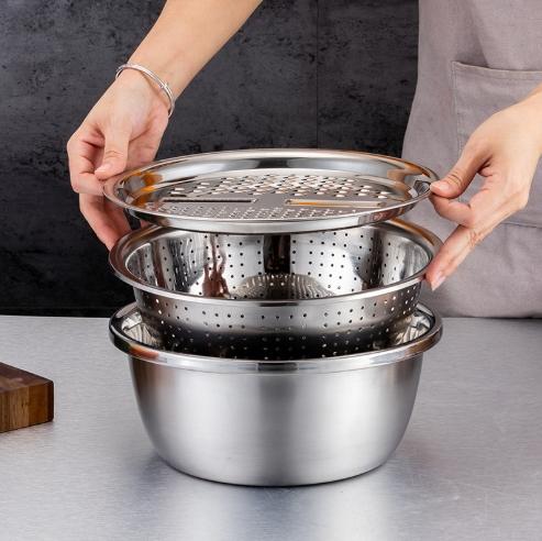 

3-Piece Stainless Steel Multifunctional Strainer and Mixing Bowl for Washing and Slicing Fruits Vegetables Essential for Kitchen 28cm