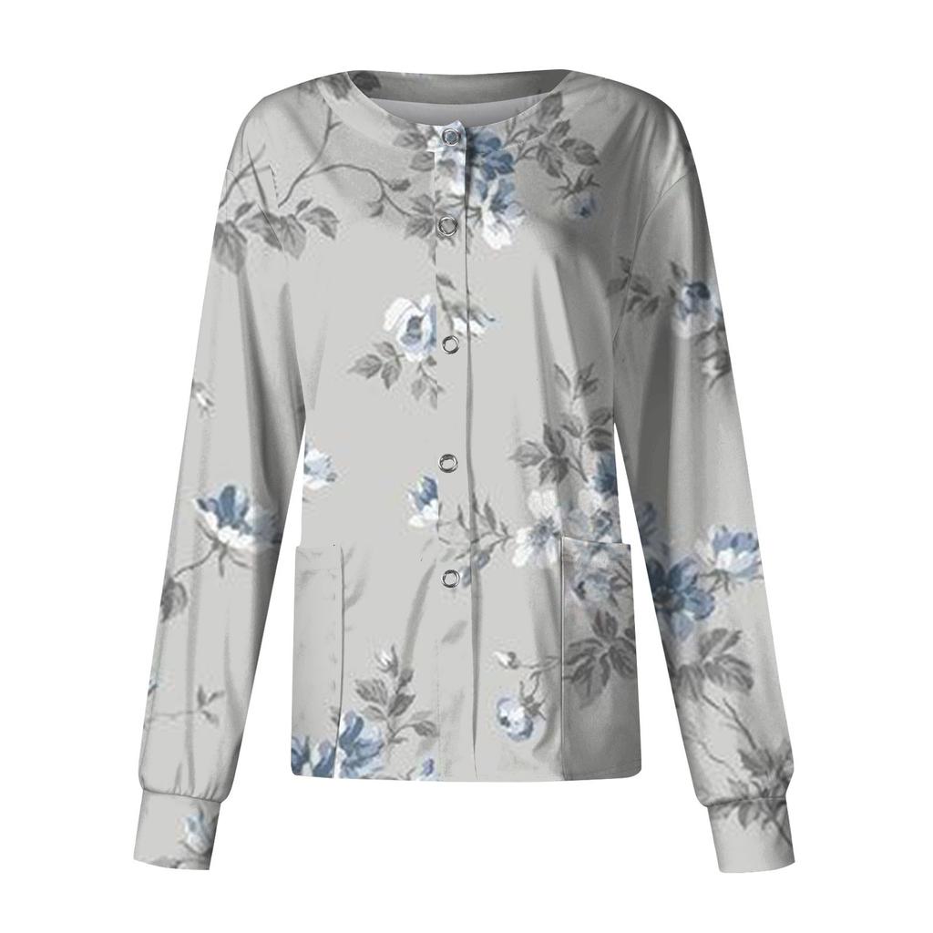 Frauen Langarm Druck Muster Tasche Arbeiten Stehkragen einreiher Schutz Overalls Strickjacke Jacke Top