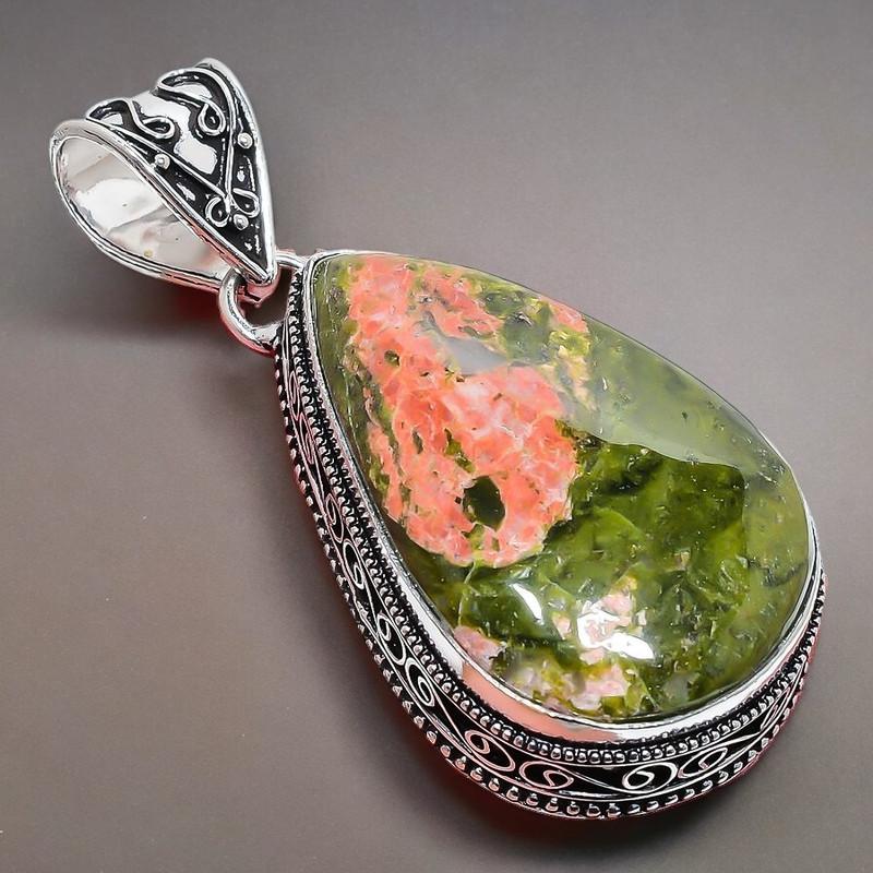 Unakite Gemstone Handmade 925 Sterling Silver Jewelry Pendant 2.17" AH-885