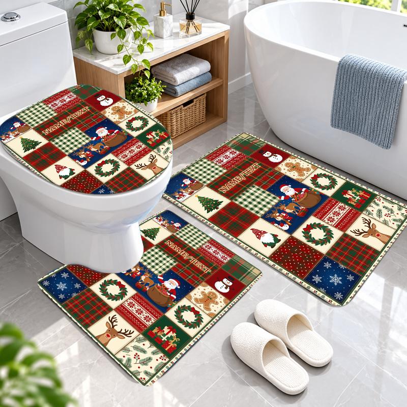 3Pcs Flannel Toilet Mat Set Christmas Bathroom Rug Bath Carpet Non Slip Home Decor