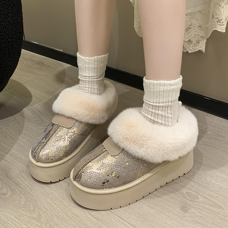 

Fashion Snow Boots Winter New Round Toe Deep Mouth Platform Plush Non-slip Warm Flat Bare Boots 41