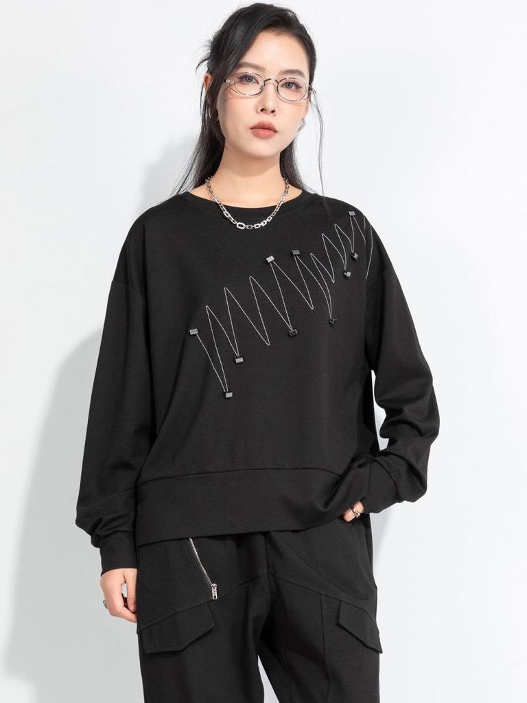 Damen Übergröße T-Shirt im Dark Style mit 3D-Dekoration: Herbst 2025 Koreanischer Lazy Wind Yamamoto-Stil