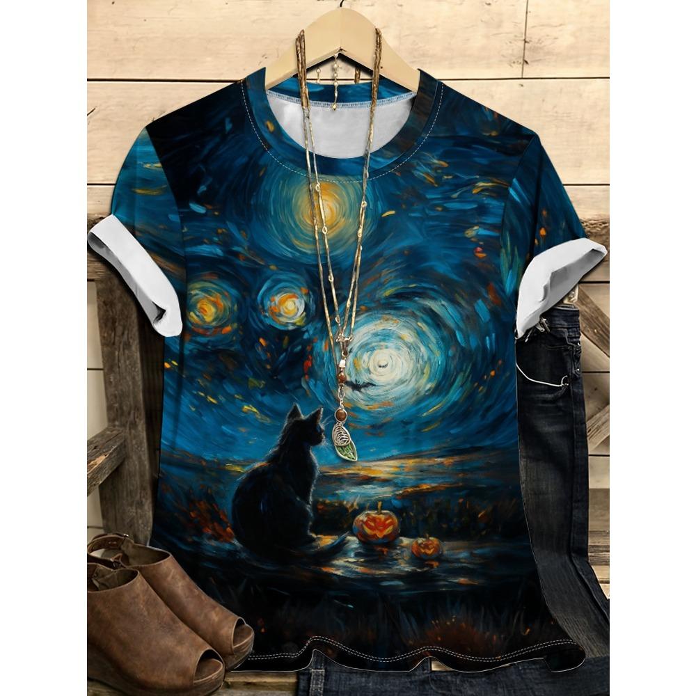 T-shirt Tendance à Col Rond et Manches Courtes pour Femme avec Motif Chat et Chiot Mignon Imprimé Numérique 3D