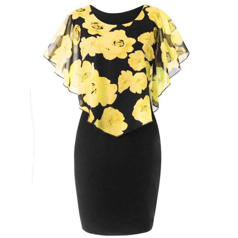 Rose Print Slim Fit Plus Size Dress with Shawl