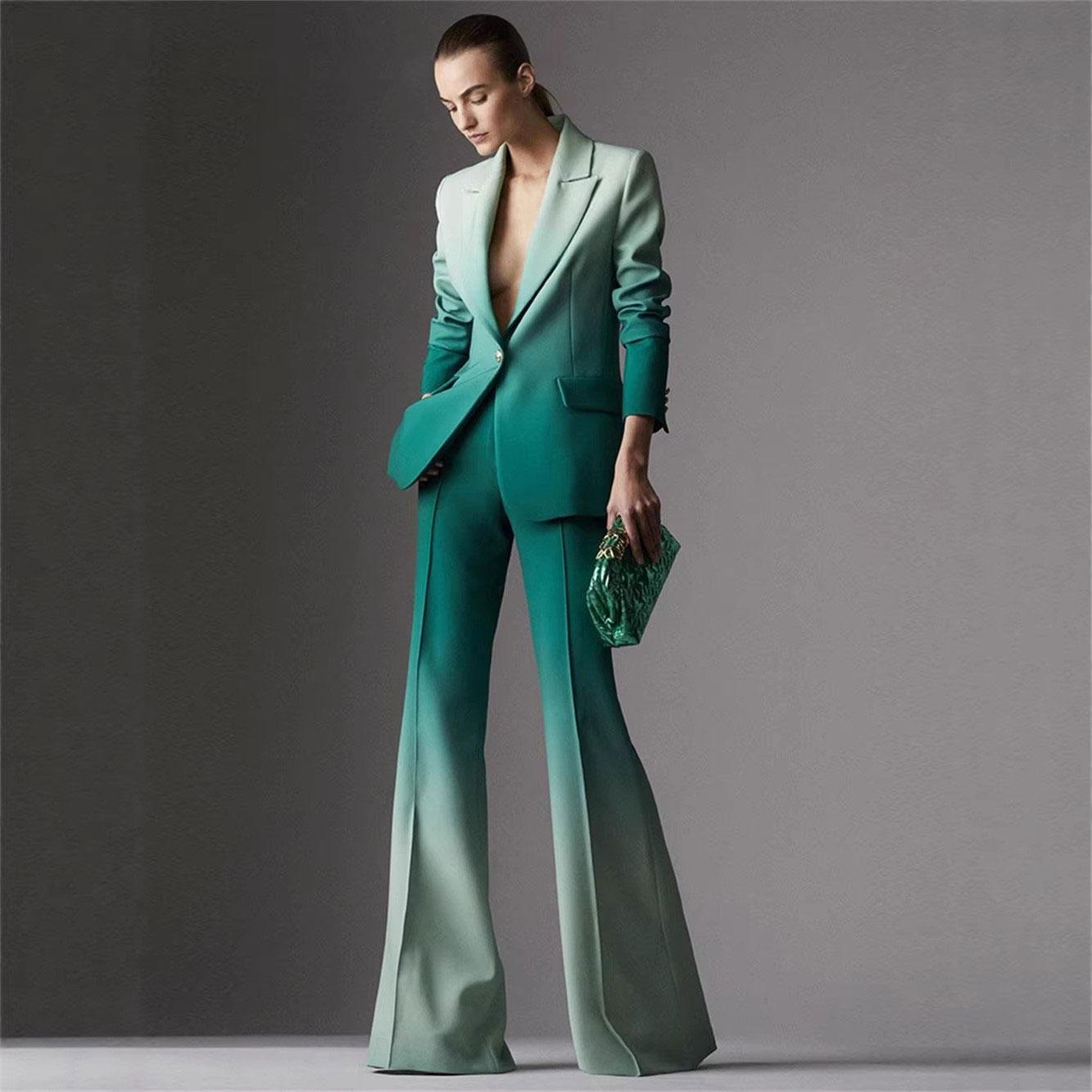 

Modphy 2026 Fashion Gradient Color Formal Suit Set Women S Pantsuits Single Button Blazer & Flare Pants Two Piece Set S паоло веронезе зеленого/белый