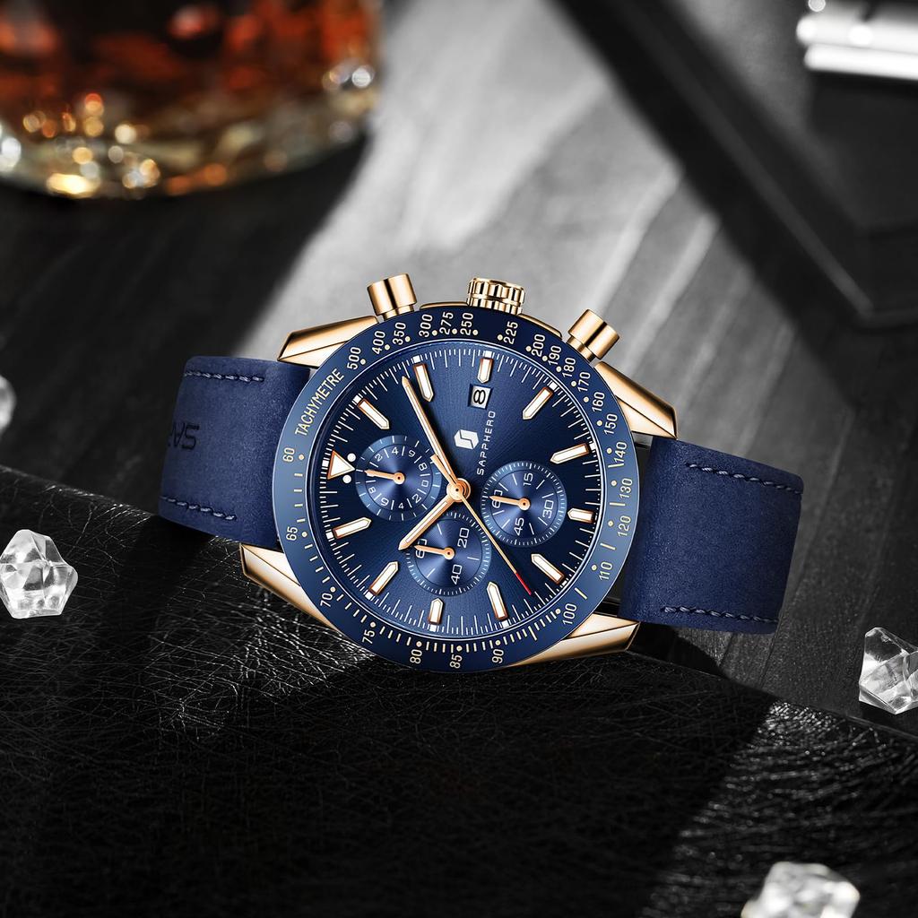 BENYAR Men's Quartz Chronograph Diver's Watch, Leather Strap, 3 ATM Water Resistance, Tachymeter