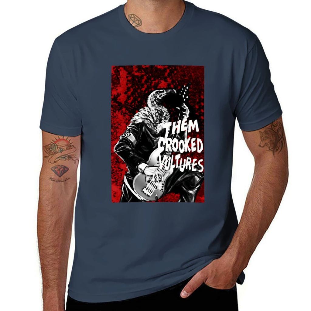 Them Crooked Vulture Playing On The Guitar Red Background Tshirt Casual Streetwear Short Sleeve Tee