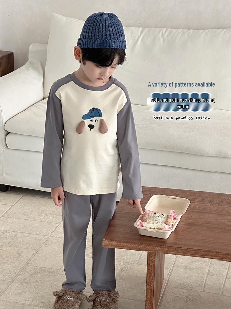 Children's Rabbit Cartoon Round Neck Pajama Set - Pure Cotton Autumn/Winter 2025 Top & Pants for Boys & Girls