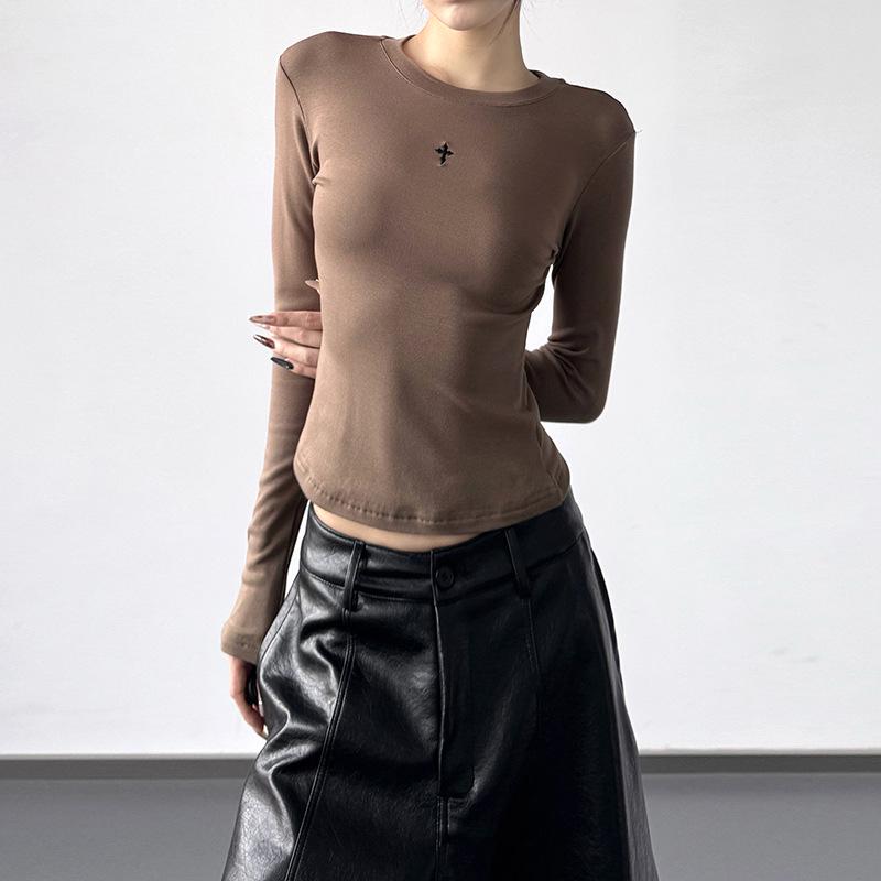 Elegant Cross Print Round Neck Slimming Top - Autumn/Winter 2025 Women s Straight Shoulder Base Layer Small