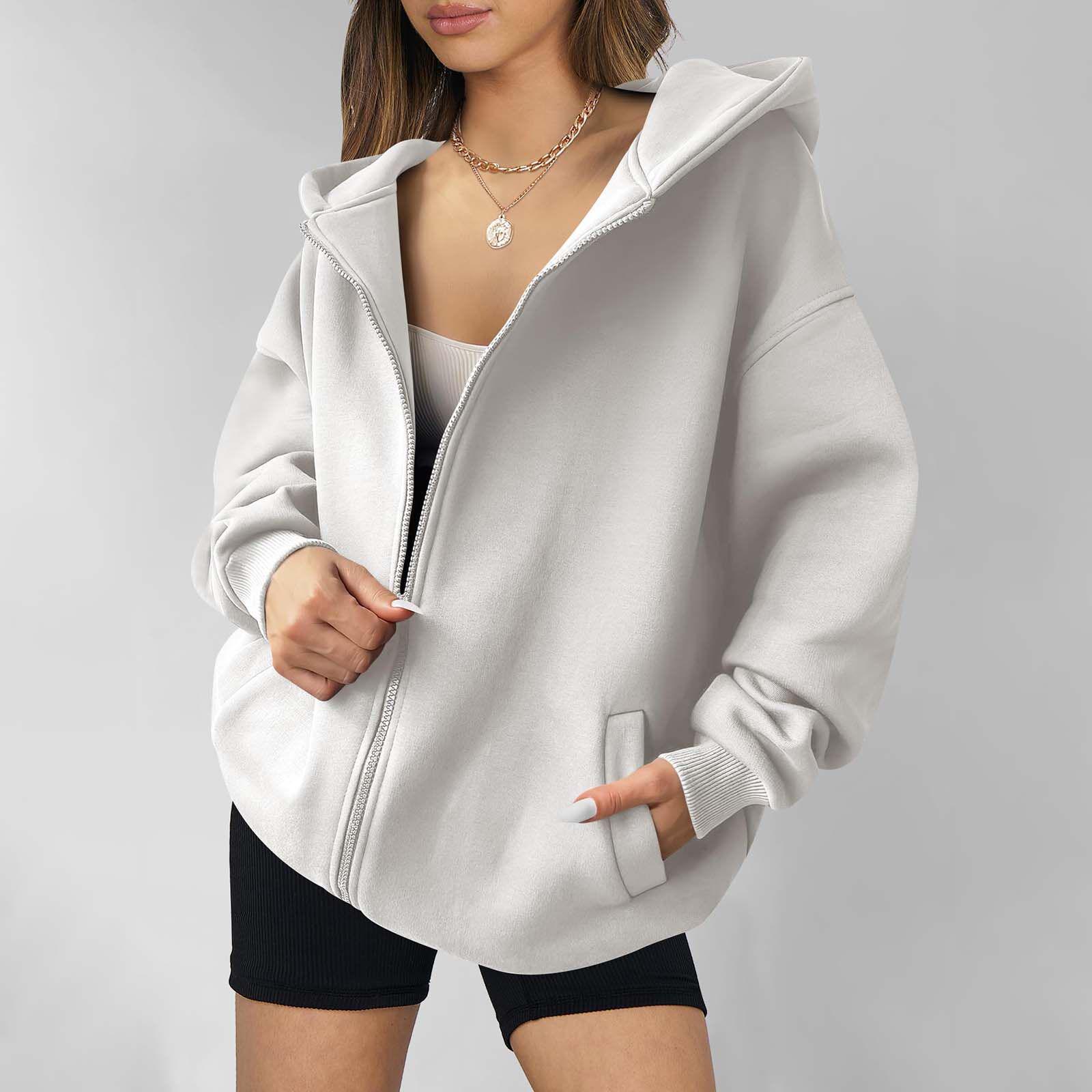 

2024 Женское худи оверсайз на молнии с карманами – Европейская и американская повседневная осенняя толстовка XXL белый