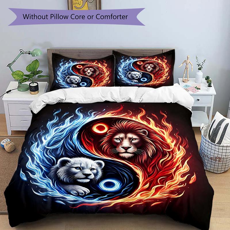

3pcs Yin Yang Lions Pattern Bedding Set, 1* Cover + 2*Pillowcases, Printed Bedding Set, Soft and Comfortable, Suitable for Bedroom and Guest 135cm*200cm