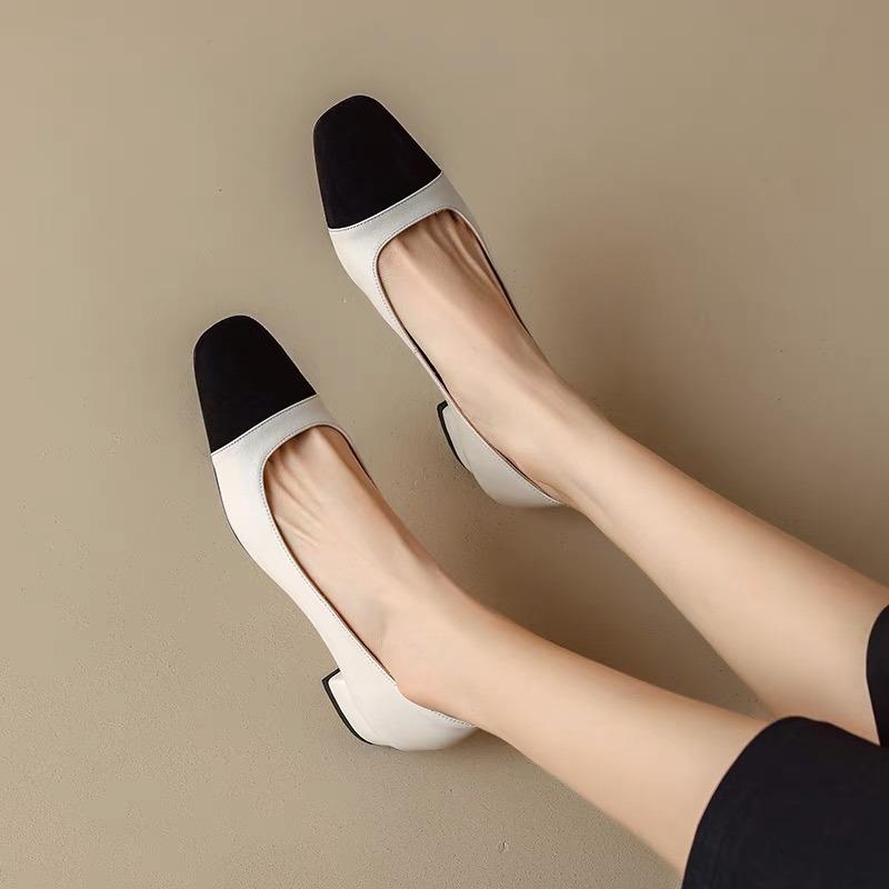 Plus Size 42 Women's High Heel Pumps Square Toe Boat Shoes Patchwork Mid Heels Dress Shoes Square Heels Slip on Basic Pump