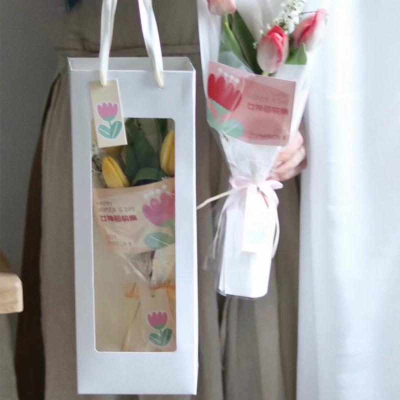 10Pcs Paper Transparent Flower Packaging Bags White Pink Single Rose Bouquet Window Box for Mothers Day Valentines Day Weddings