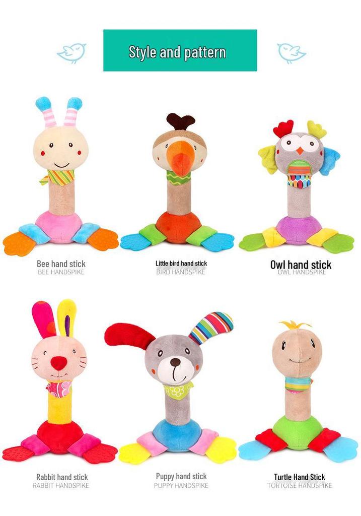 Cute Creative Hand-Crank Baby Grasping Toy with Teether and Bell Plush Rattle