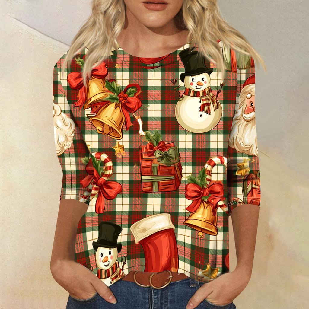 Damen Casual Weihnachtsdruck Hals 3/4 Ärmel T-Shirt