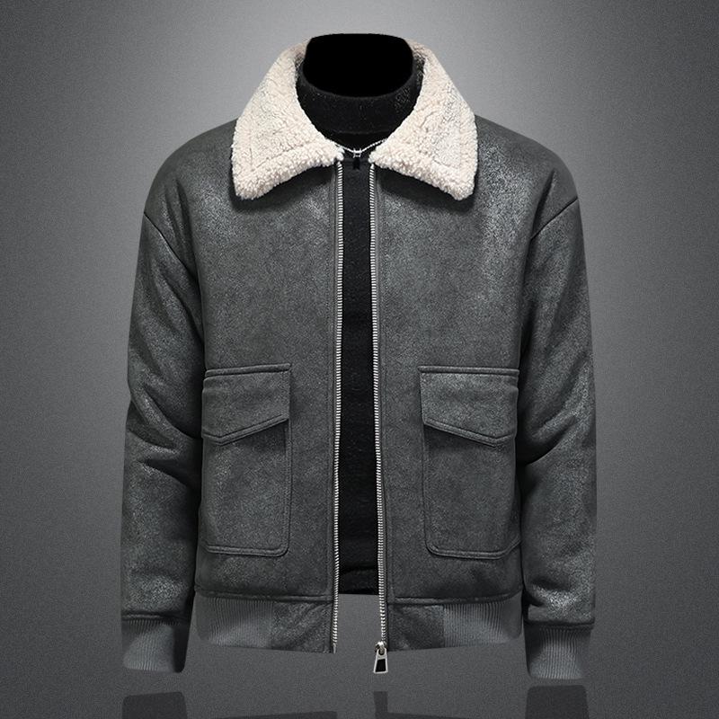 

JK2027 Plus Size Fur-Lined Imitation Lambswool Lapel Jacket L сірий колір
