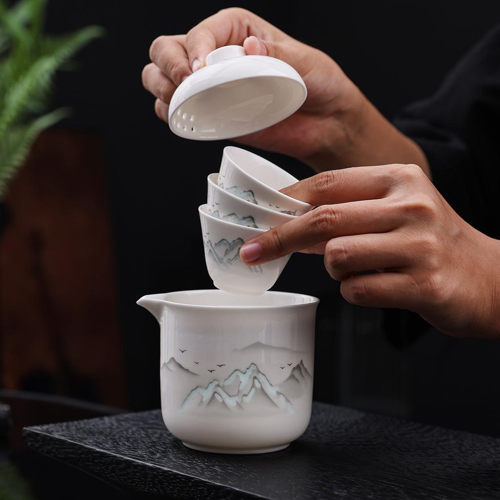 Qianli Jiangshan Linglong Travel Tea Set One Pot Three Cups Ceramic Kung Fu Tea Set Suet Jade White Porcelain Kuaike Cup Gift