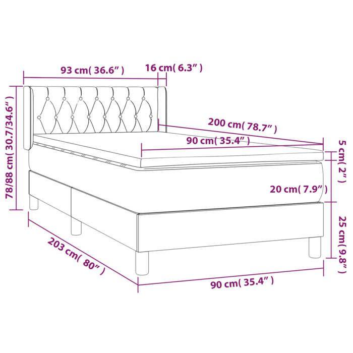 3131118 vidaXL Divan Bed and Mattress Dark Grey 90x200 Cm Velvet
