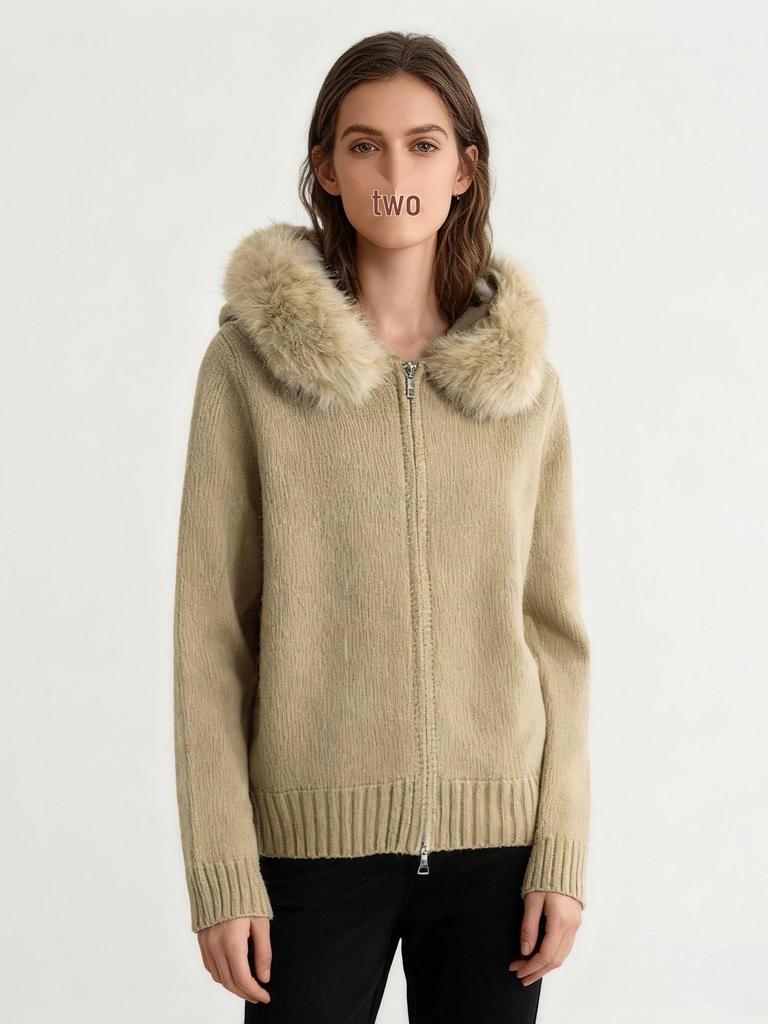 Cardigan Corto Donna in Maglia con Collo in Eco-pelliccia - Cappotto Maglione alla Moda con Cappuccio Autunno/Inverno