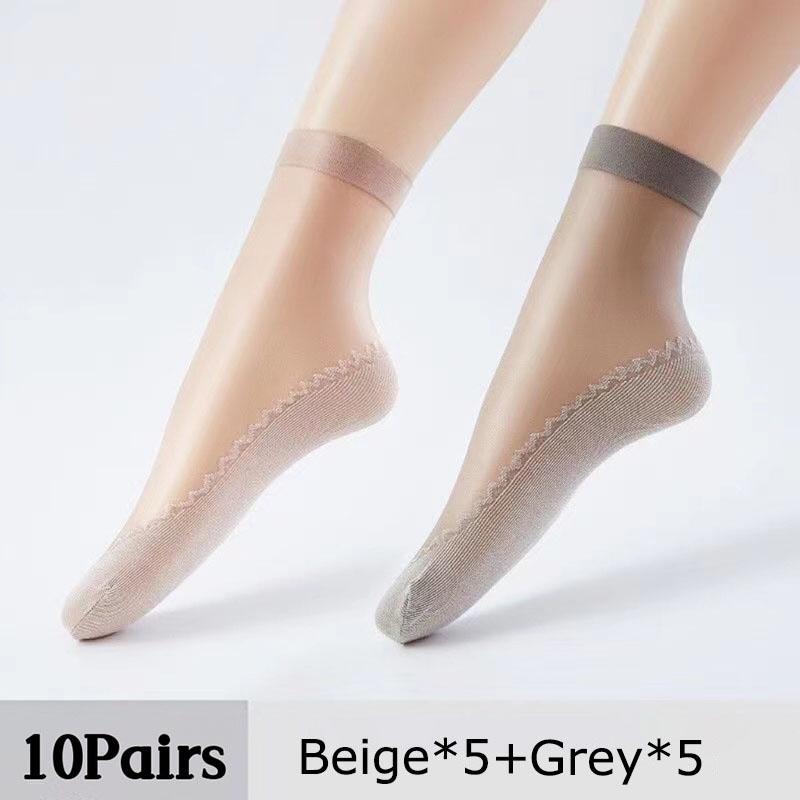 20pcs=10 Pairs Spring Summer Women Soft Socks Thin Silk Socks Non-Slip Bottom Splice Fashion Transparent Ladies Breathable Sock