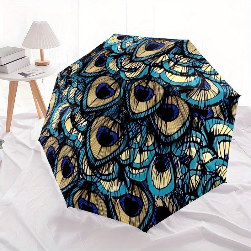 1pc Peacock Feather Pattern Automatic Folding Umbrella - 8-Rib Iron Frame, Windproof, Portable Sunshade with Plastic Handle for Travel & Out