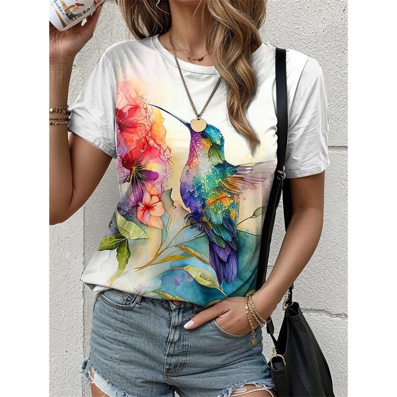 Summer Round Neck 3D Peacock Bird Duck Pattern Printed Top Fashionable Casual Cute Short Sleeved Women's T-shirts