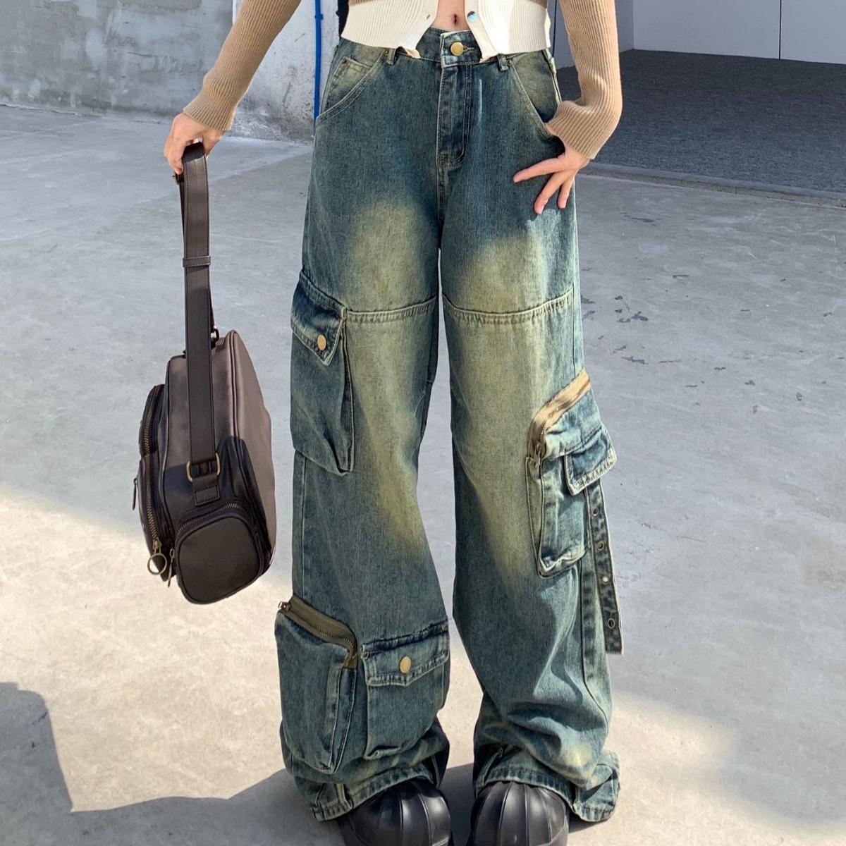

Women s High Street Straight-Leg Loose Fit Washed Jeans - Retro Floor-Length Design with Pockets L