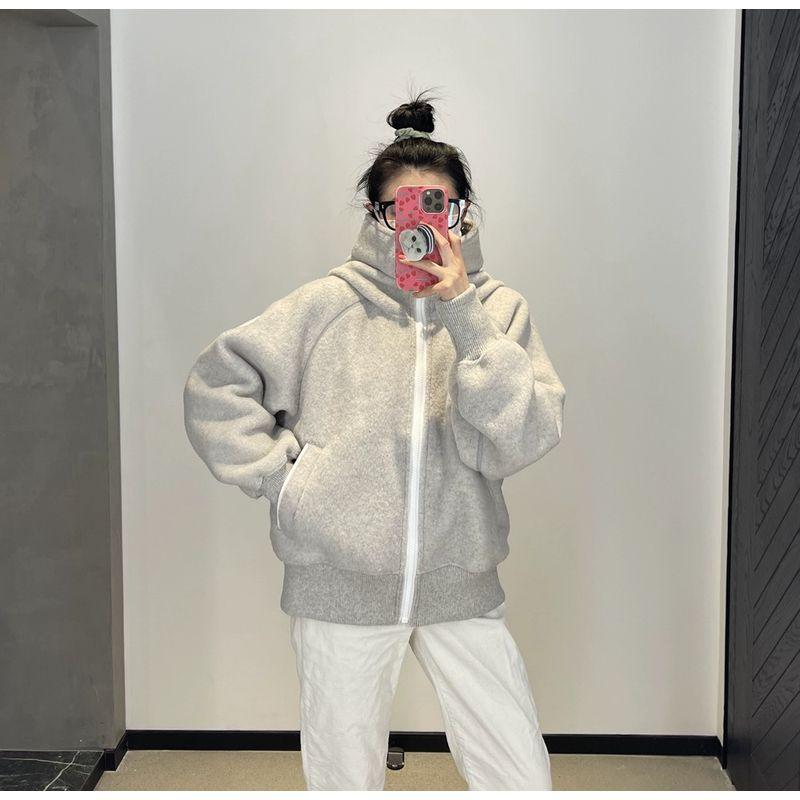 

Big Goose Wool 100%] Lamb Fleece Pilot Jacket Short Outwear Female Double-Faced Woolen Goods Hooded Sweatshirt Tide Light gray M