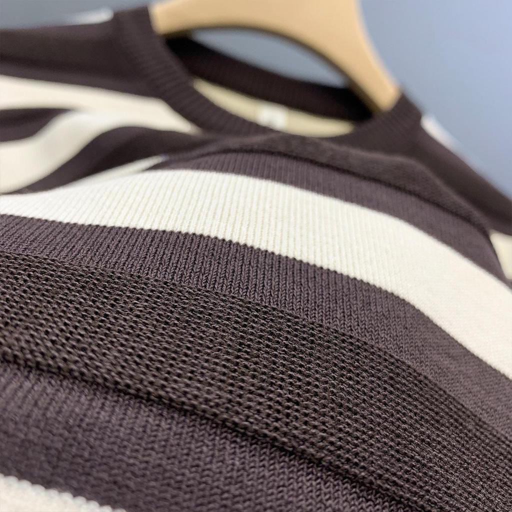 Erkek Siyah Beyaz Çizgili Buz İpek Kısa Kollu Tişört