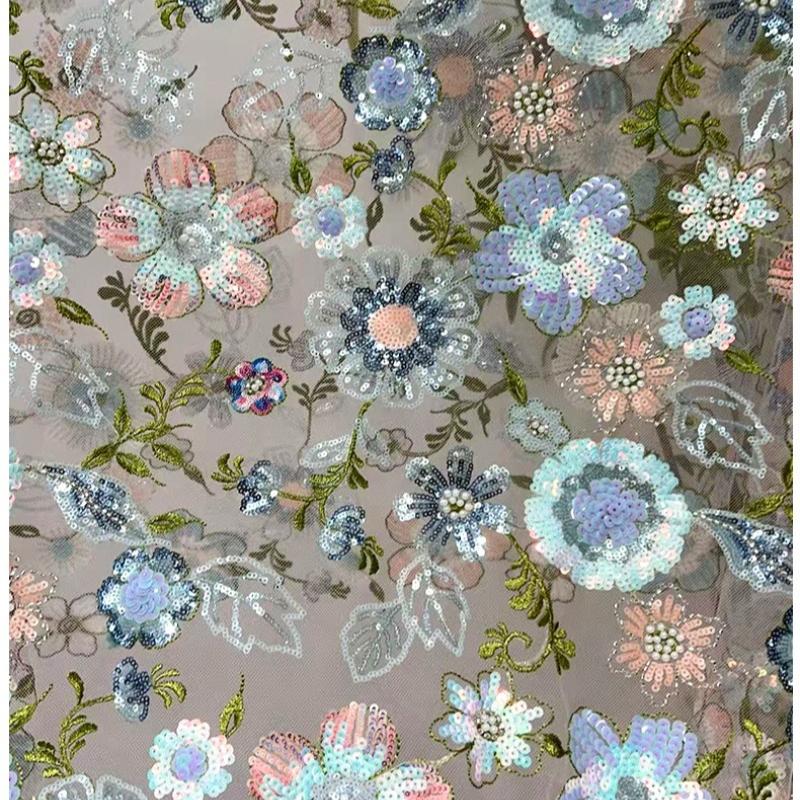 Floral Sequin Bead Embroidery Fabric Lace Tulle Fabric for DIY Sewing Girl Dress Party Dress Wedding Dress Handmade Fabric