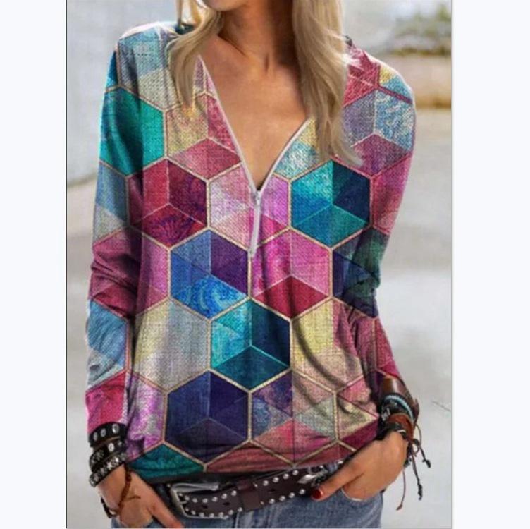 Womens V Neck Zipper Blouse Shirt Ladies Print Pullover Casual Jumper Tops Boho