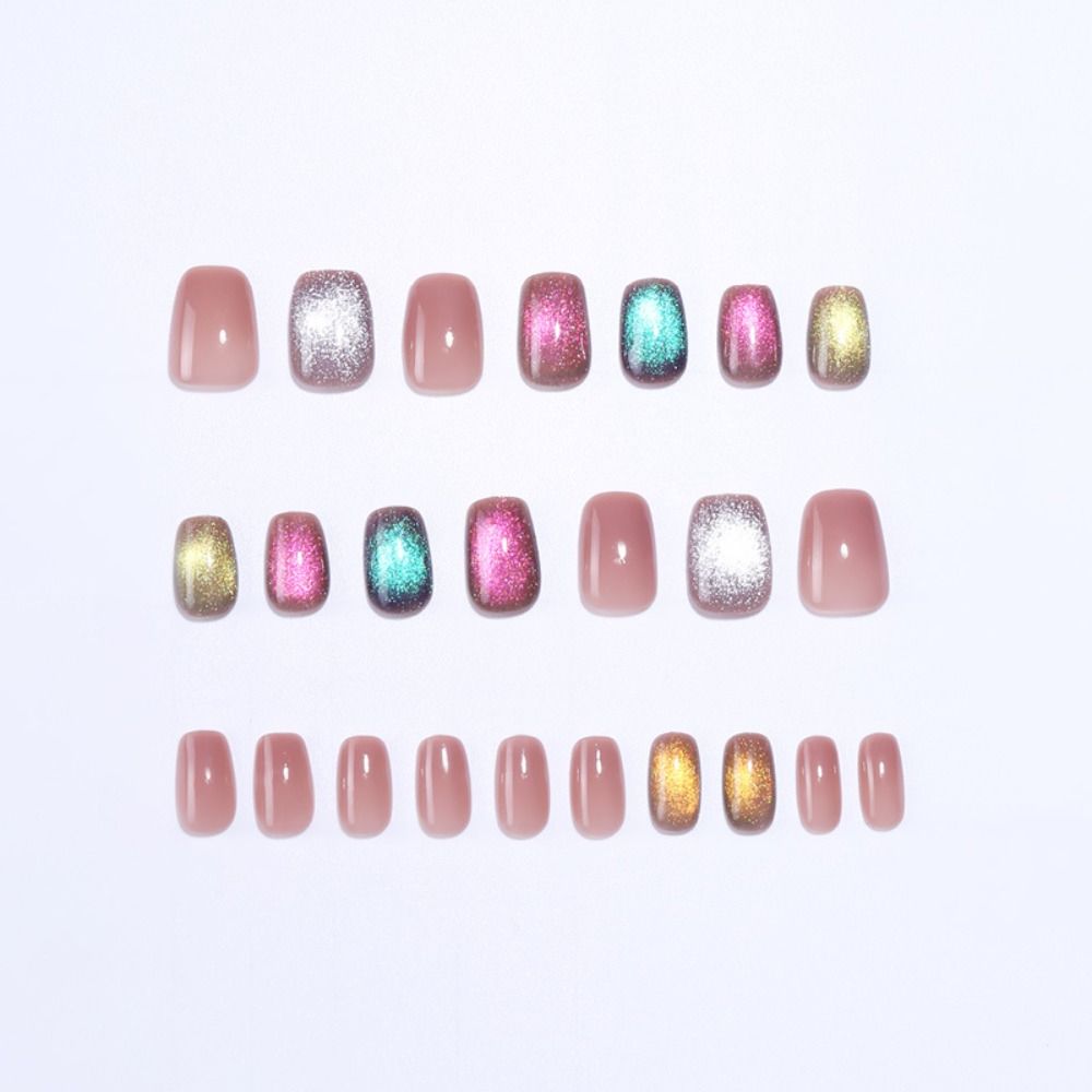 24PCS Cat Eye Fake Nails Glitter Artficial Nails Reusable Stick on Nails  DIY Manicure Art