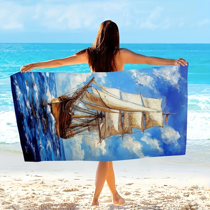 Nautical Sailing Ship Beach Towel Ocean Print Coastal Home Decor Bath Mat Summer Tropical Travel Gift Design Decor Accent