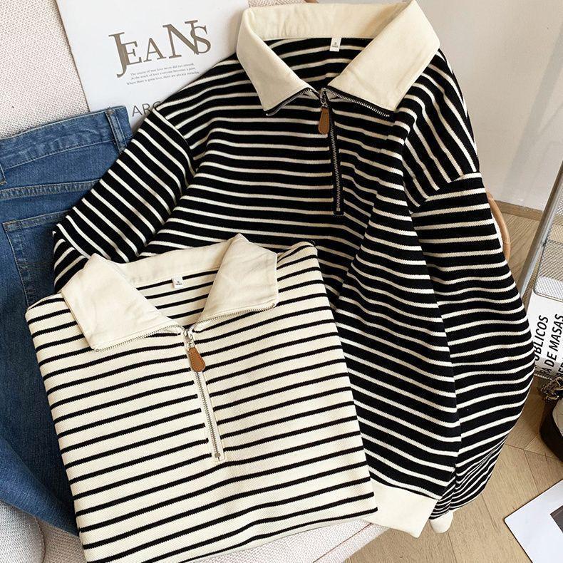 2025 Plus Size Striped Zipper Hoodie for Women - Spring/Autumn Long Sleeve Jacket