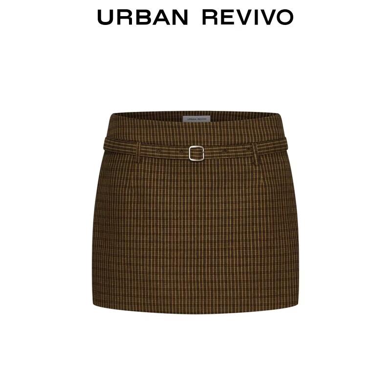 UR2026 Women's Retro Plaid Belted Mini Skirt