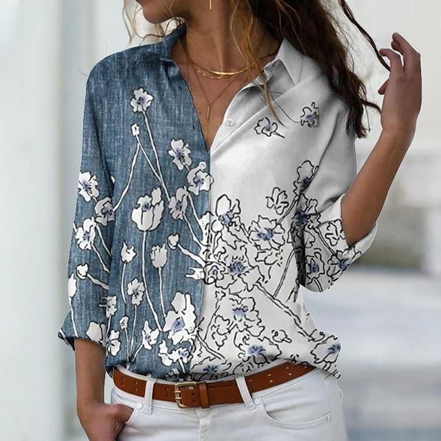 

Женская блузка на пуговицах в стиле ретро, ​​осенне-зимние топы с v-образным вырезом и длинным рукавом, повседневная уличная элегантная рубашка свободного размера с принтом нового дизайна M синий