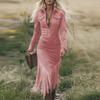 Moda Donna -Colore Western- Scamosciato Frange Vestito Slim-Fit a Maniche Lunghe